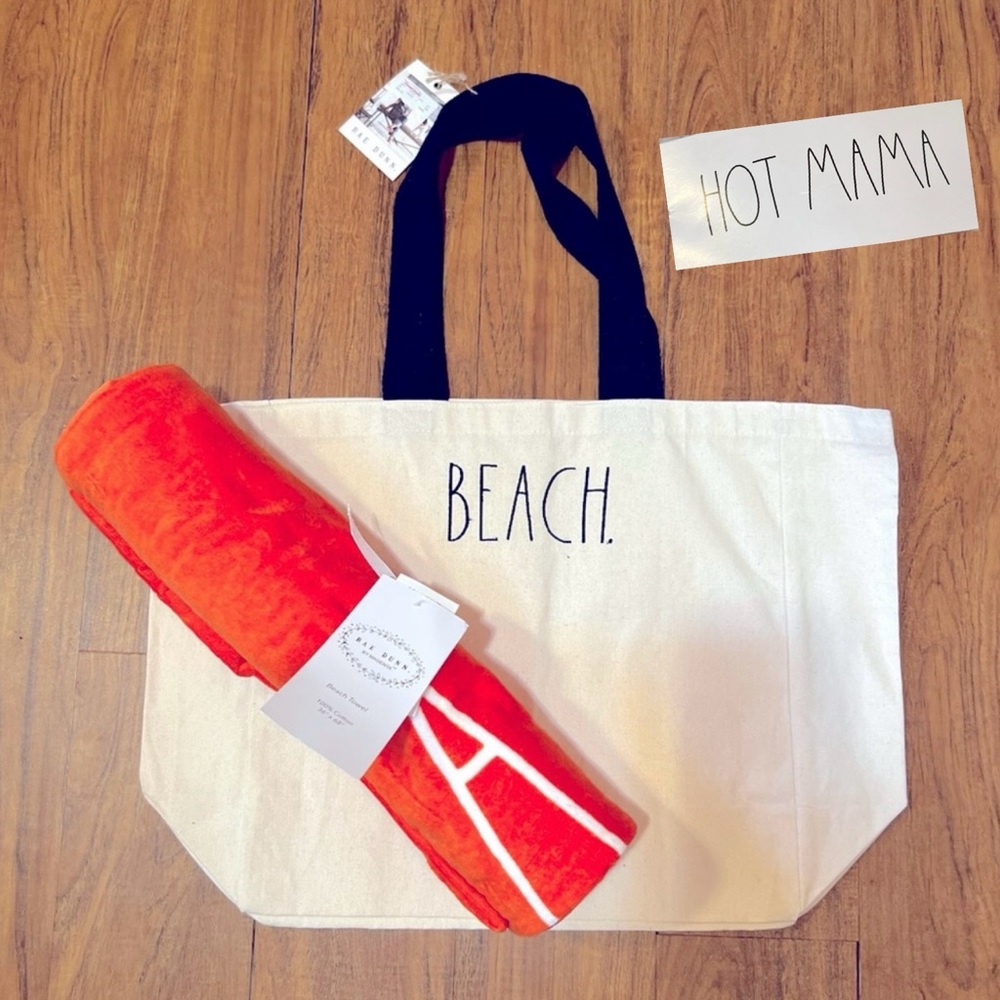 RAE DUNN BEACH Canvas Tote & Orange HOT MAMA Beach Towel 36” x 68” Both NWT